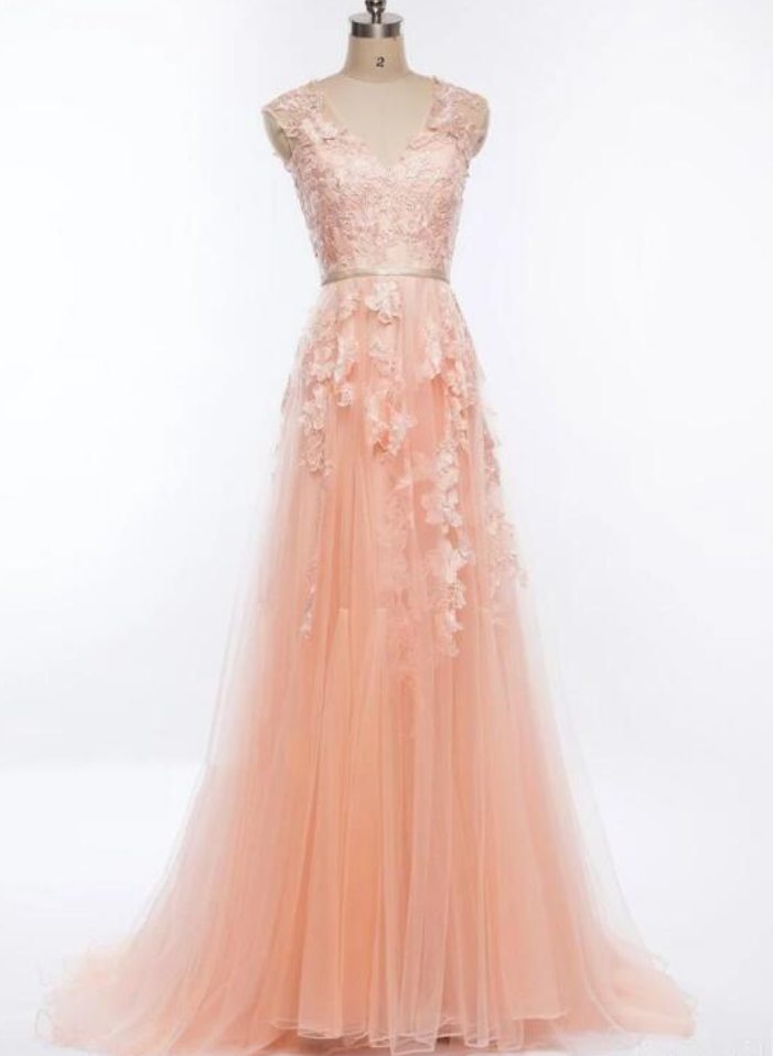 Pink Tulle Prom Dress Long With Appliques Formal Evening Gown