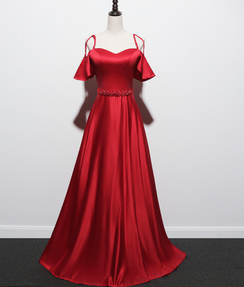 Long Princess Red Satin Prom Dress Cap Sleeves Formal Evening Gown