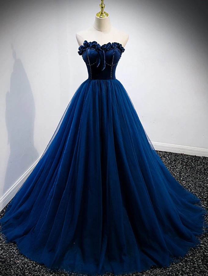 Royal Blue Princess Tulle Prom Dress Strapless Formal Evening Gown