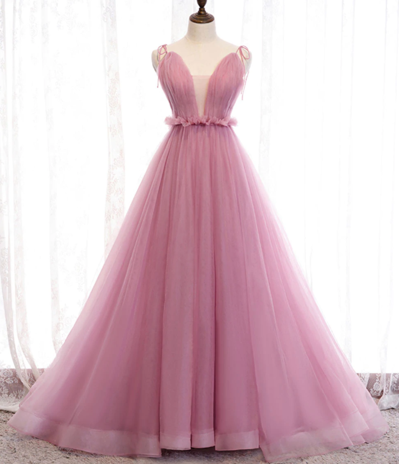 Dusty Rose Princess Tulle Prom Dress Long Formal Evening Gown Pink