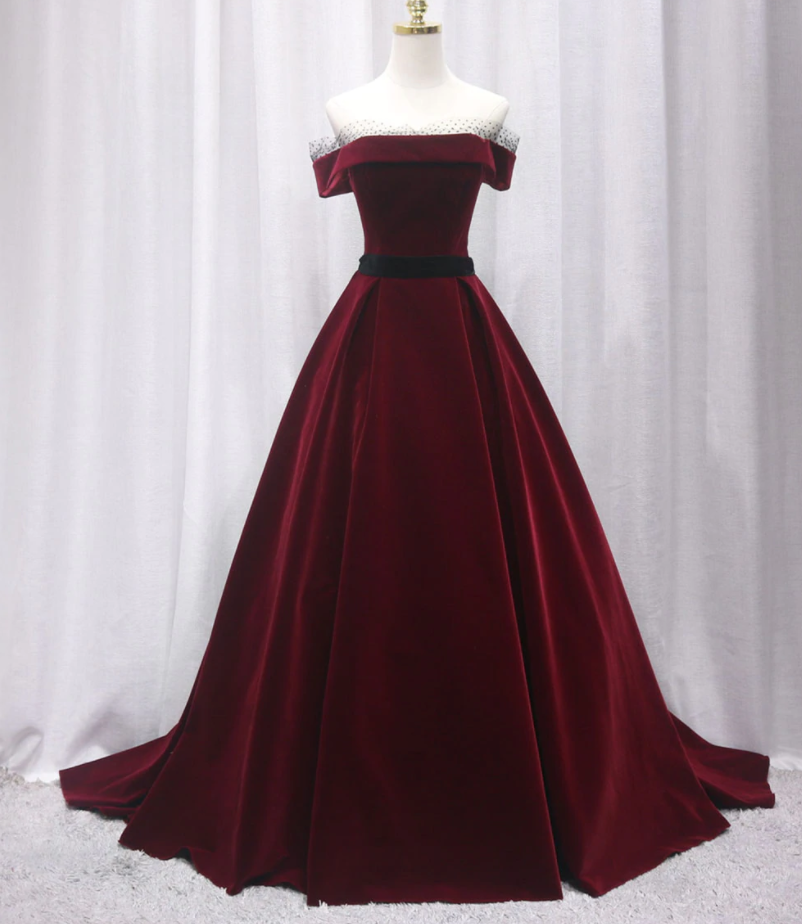 Burgundy Velvet Princess Prom Dress Long Formal Evening Gown 2023