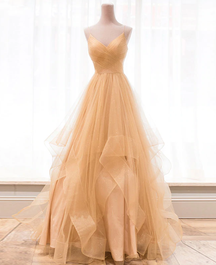 Champagne Princess Tulle Prom Dress Long Formal Evening Gown
