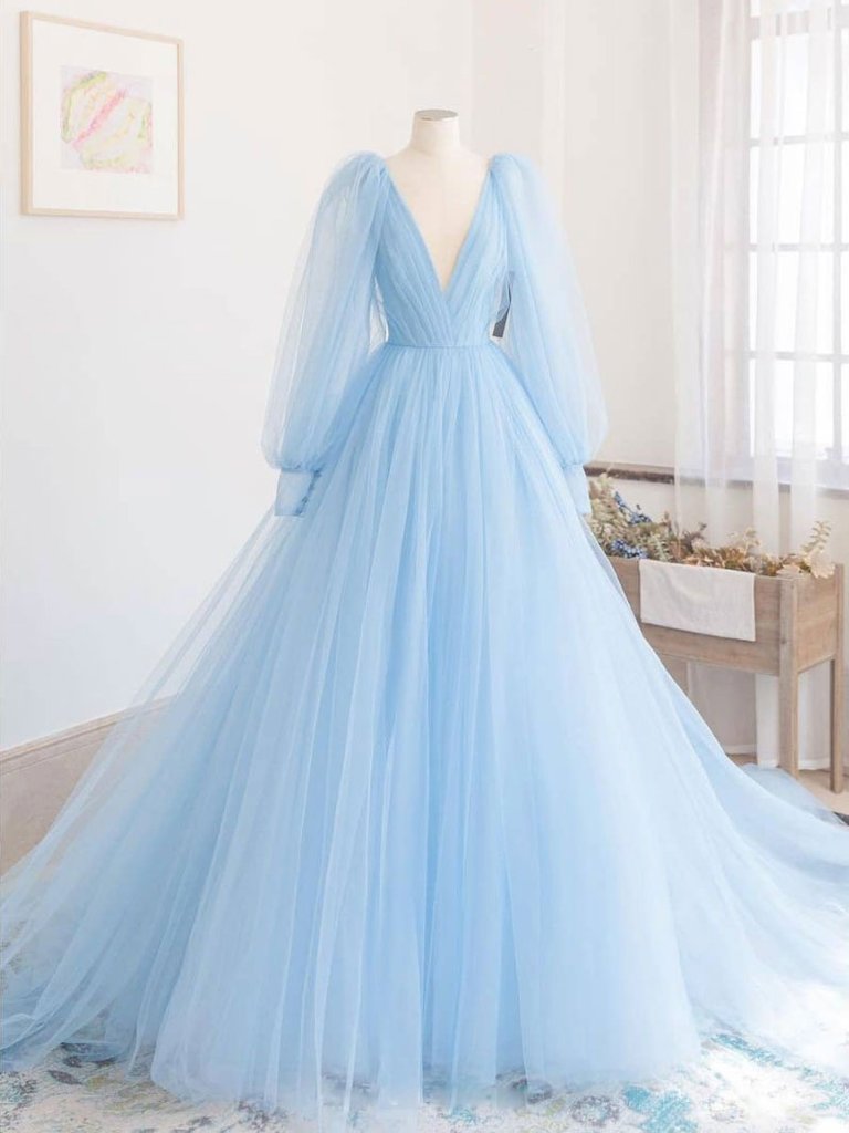 Fairy Light Bluetulle Princess Prom Dress Long Sleeves Formal Evening Gown