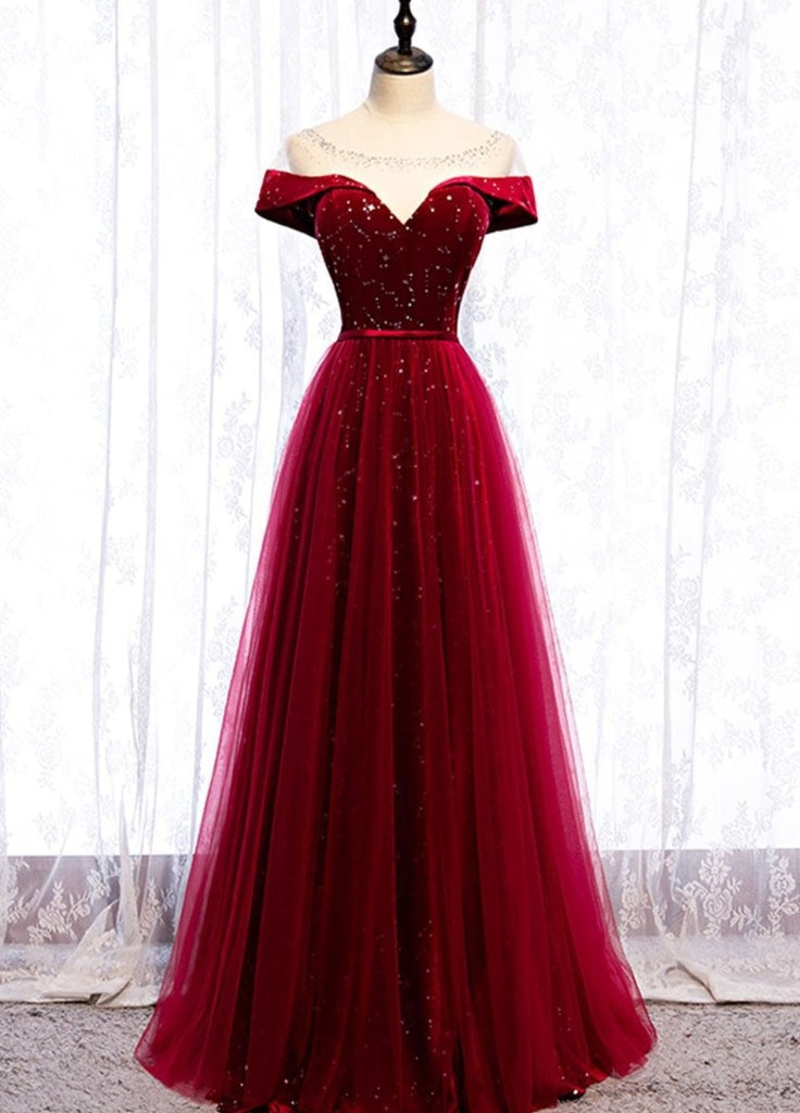 Burgundy Tulle Prom Dress Off The Shoulder Formal Evening Gown
