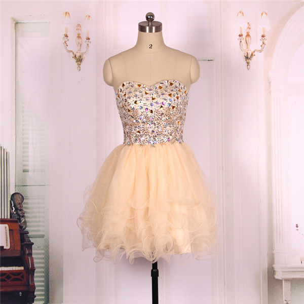 2016 Ball Gown Sweetheart Beaded Champagne Tulle Short Prom Dresses Gowns, Formal Evening Dresses Gowns, Homecoming Graduation Cocktail Party
