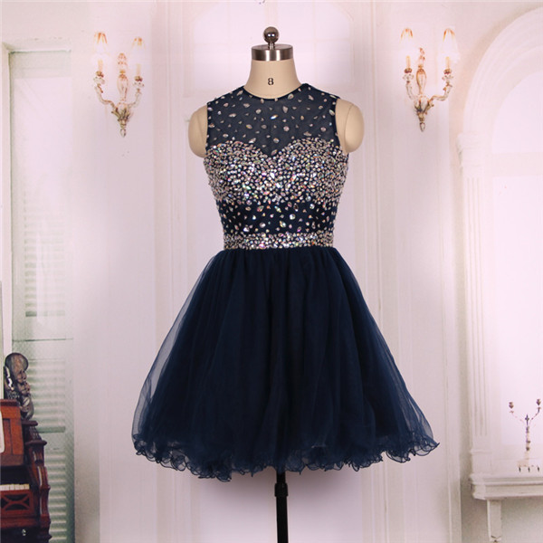 2016 Ball Gown Beaded Navy Blue Tulle Short Prom Dresses Gowns, Formal Evening Dresses Gowns, Homecoming Graduation Cocktail Party Dresses