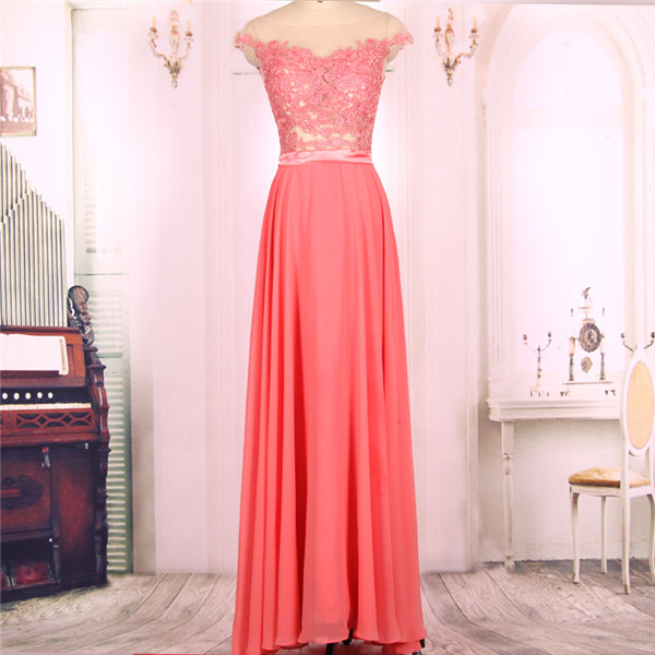 2016 Cap Sleeves Long Coral Pink Chiffon Lace Prom Dresses Gowns, Formal Evening Dresses Gowns, Homecoming Graduation Cocktail Party Dresses