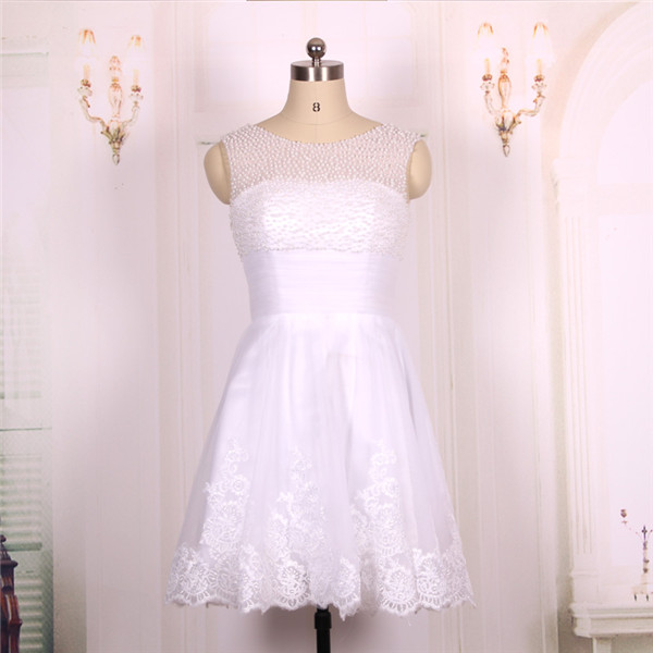 2016 Ball Gown Pearls Beaded White Lace Short Prom Dresses Gowns, Formal Evening Dresses Gowns, Homecoming Graduation Cocktail Party