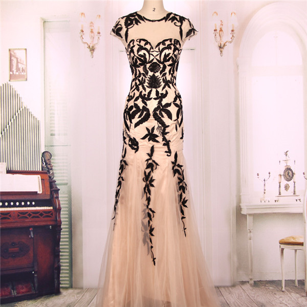 Sheer Mermaid Long Prom Dress, Evening Dress Featuring Black Lace  Embroidery And Cap Sleeves on Luulla