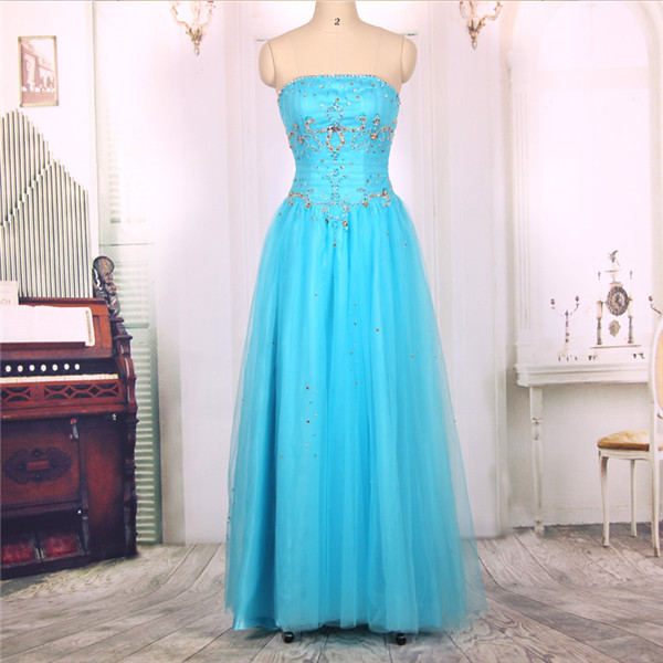 2016 Al Ine Strapless Long Beaded Tulle Light Blue Prom Dresses Gowns, Formal Evening Dresses Gowns, Homecoming Graduation Cocktail Party