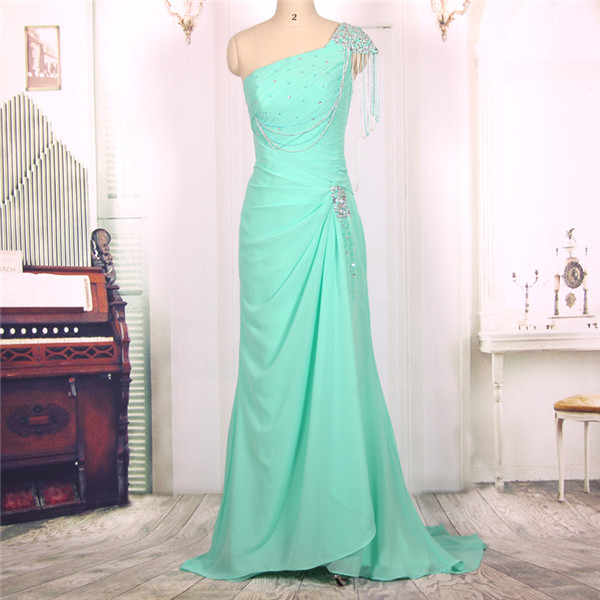 2016 One Shoulder Beaded Chiffon Turquoise Long Mermaid Prom Dresses Gowns, Formal Evening Dresses Gowns, Homecoming Graduation Cocktail Party