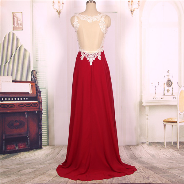 2016 A Line Nude Back Wine Red Burgundy Chiffon Lace Long Prom Dresses Gowns, Formal Evening Dresses Gowns, Homecoming Graduation Cocktail