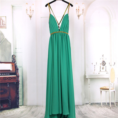 2016 Deep V Neck Sexy Crossover Back Chiffon Green Long Prom Dresses Gowns, Formal Evening Dresses Gowns, Homecoming Graduation Party Dresses