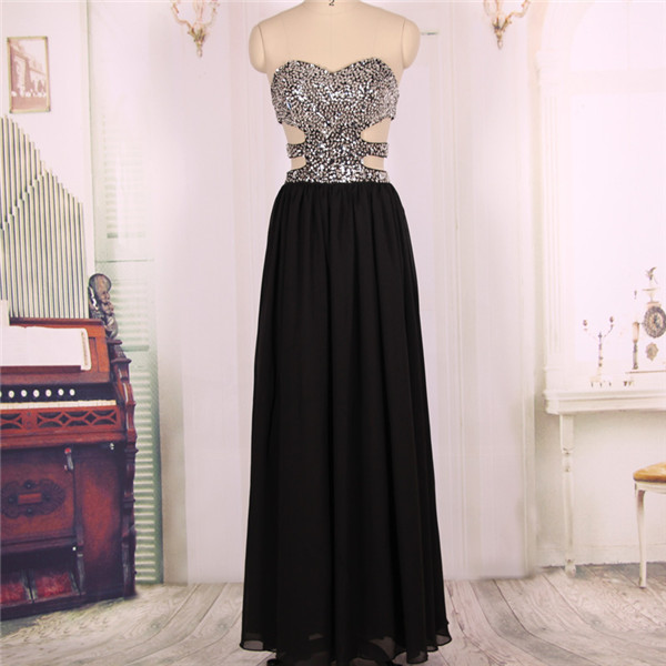 2016 Sweetheart Sequined Chiffon Long Sexy Black Prom Dresses Gowns, Formal Evening Dresses Gowns, Homecoming Graduation Cocktail Party Dresses