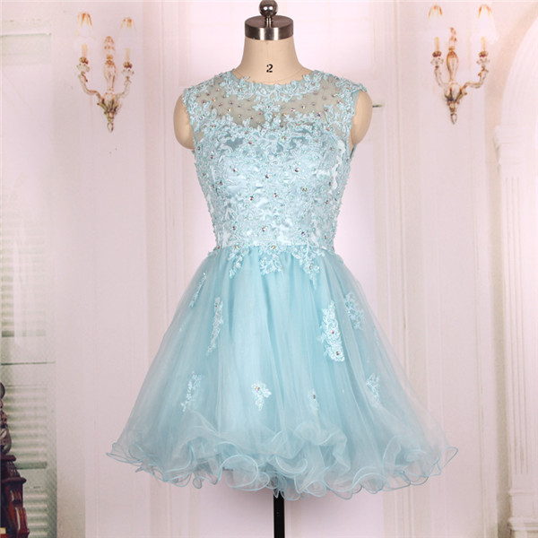 Sleeveless A-line Short Tulle Homecoming Dress With Lace Appliques