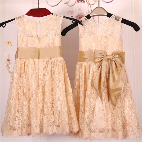 2016 A Line Princess Knee Length Champagne Lace Flower Girl Dresses With Sash And Bow, Lace Baby Dress