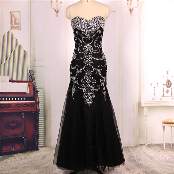 Sweetheart Heavy Beaded Black Long Mermaid Prom Dresses Ball Gowns 2016, Formal Evening Dresses Gowns, Homecoming Graduation Cocktail Party