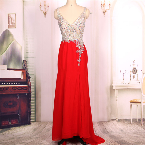V Neck Heavy Beaded Red Open Back Long Prom Dresses Ball Gowns 2016, Formal Evening Dresses Gowns, Homecoming Graduation Cocktail Party Dresses