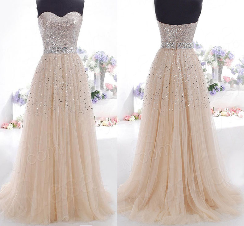2016 Sweetheart Heavy Beaded Bling Bling Tulle Long Champagne Prom Dresses Ball Gowns, Formal Evening Dresses Gowns, Homecoming Graduation