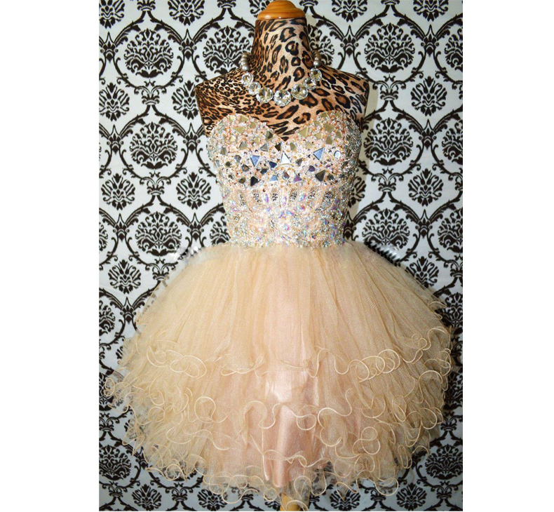 2016 Ball Gown Sweetheart Beaded Tulle Champagne Short Prom Dresses Gowns, Formal Evening Dresses Gowns, Homecoming Graduation Cocktail Party