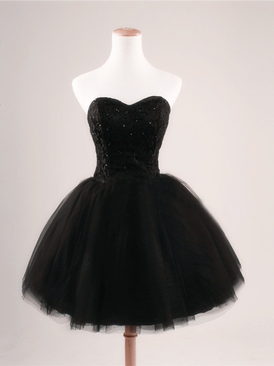 2016 Ball Gown Sweetheart Beaded Lace Tulle Short Black Prom Dresses Gowns, Formal Evening Dresses Gowns, Homecoming Graduation Cocktail Party