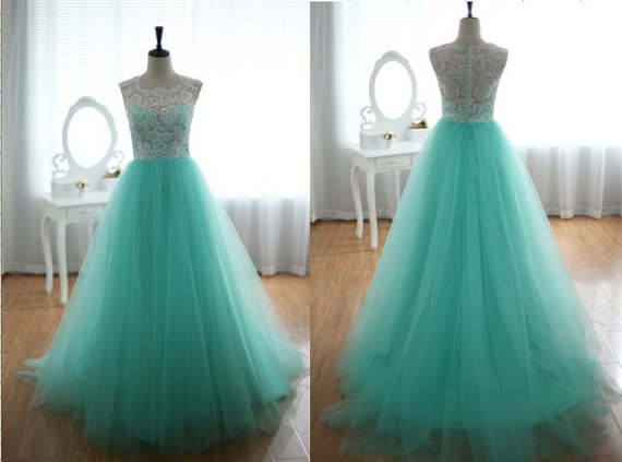 2016 A Line Lace Tulle Long Turquoise Prom Dresses Gowns, Formal Evening Dresses Gowns, Homecoming Graduation Cocktail Party Dresses,custom Plus