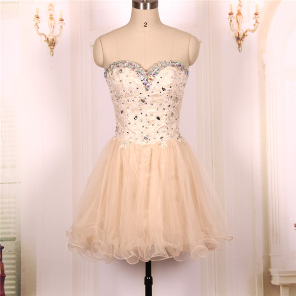 Custom Ball Gown Sweetheart Beaded Tulle Champagne Short Prom Dresses Gowns 2016,formal Evening Dresses Gowns, Homecoming Graduation Cocktail
