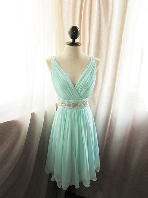 Custom A Line V Neck Beaded Sash Chiffon Short Blue Prom Dresses Gowns 2016,formal Evening Dresses Gowns, Homecoming Graduation Cocktail Party