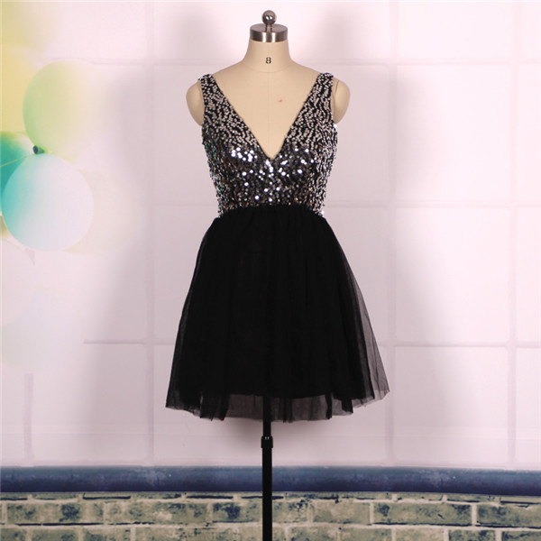 Custom Ball Gown V Neck Sexy Backless Bling Bling Short Black Prom Dresses Gowns 2016,little Black Dresses, Formal Evening Dresses Gowns,