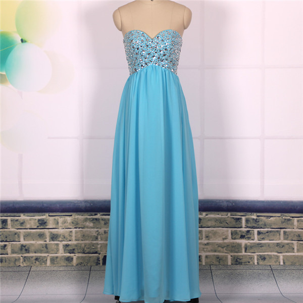 Custom A Line Beaded Sweetheart Emire Waist Chiffon Long Blue Prom Dresses Gowns 2016, Formal Evening Dresses Gowns, Homecoming Graduation