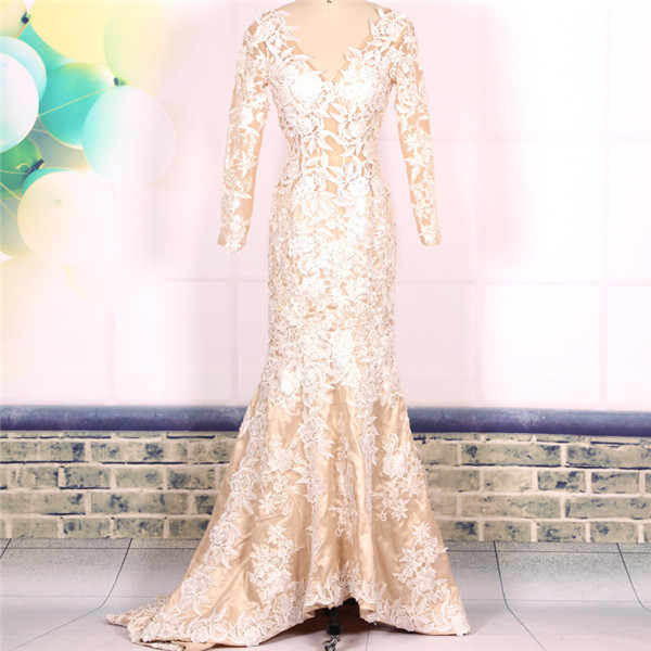 Custom V Neck Ivory Lace Mermaid Prom Dresses With Long Sleeves Gowns 2016, Formal Evening Dresses Gowns, Homecoming Graduation Cocktail Holiday
