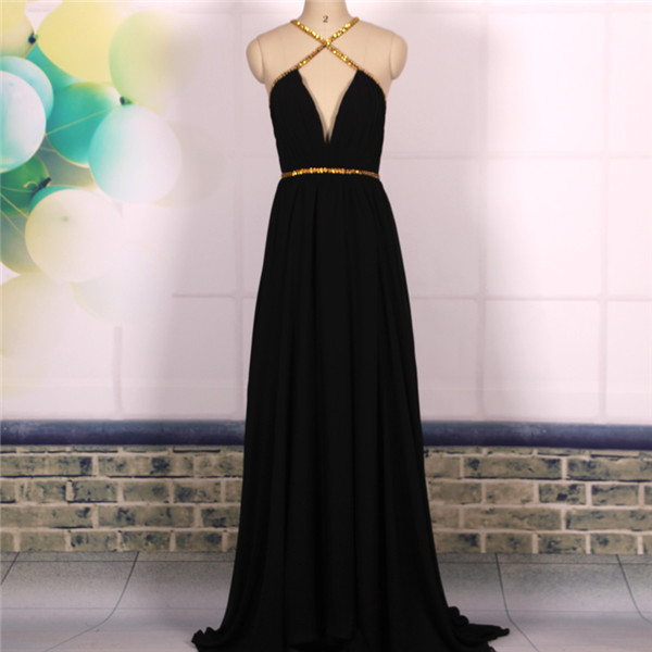 Custom A Line Deep V Neck Sexy Backless Chiffon Long Black Prom Dresses Gowns 2016, Formal Evening Dresses Gowns, Homecoming Graduation Cocktail