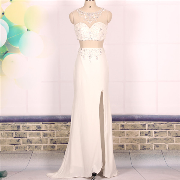 Custom A Line Beaded Long Ivory 2 Two Pieces Prom Dresses 2016, Formal Evening Dresses Gowns, Homecoming Graduation Cocktail Party Dresses,
