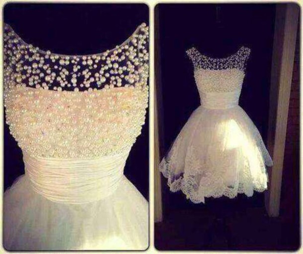 Custom Ball Gown Pearls Short Lace White Prom Dresses Gowns 2016, Formal Evening Dresses Gowns, Homecoming Graduation Cocktail Party Dresses,