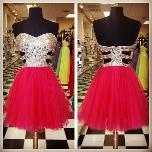 Red Strapless Sweetheart Beaded Cutout A-line Short Homecoming Dress, Party Dress, Prom Dress