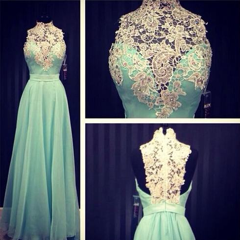 Custom High Neck Long Elegant Chiffon Lace Mint Green Prom Dresses Gowns 2016 , Formal Evening Dresses Gowns, Homecoming Graduation Cocktail