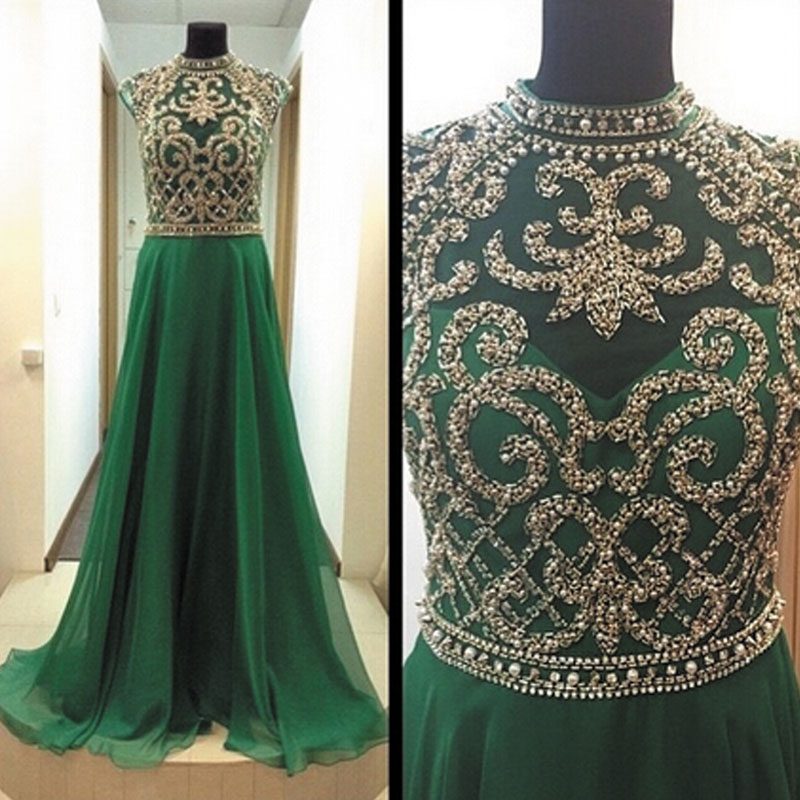 Custom Heavy Beaded Sparky Open Back Long Elegant Chiffon Green Prom Dresses Gowns 2016 , Formal Evening Dresses Gowns, Homecoming Graduation