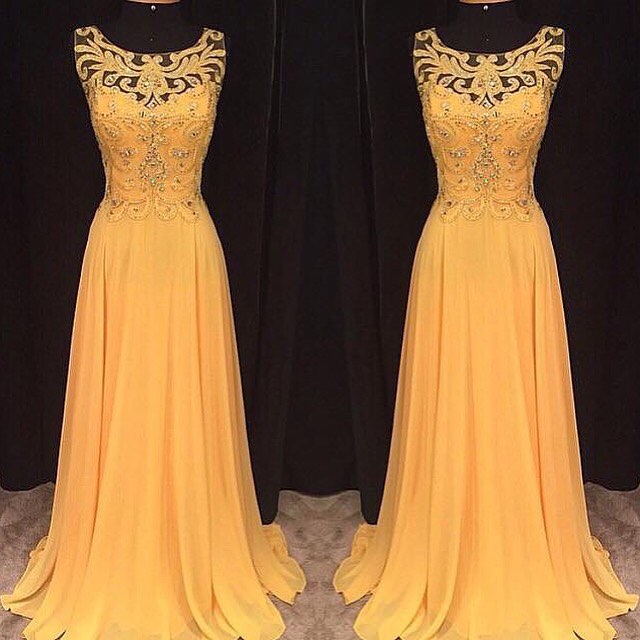 Custom Heavy Beaded Long Elegant Chiffon Yellow Prom Dresses Gowns 2016 , Formal Evening Dresses Gowns, Homecoming Graduation Cocktail Party