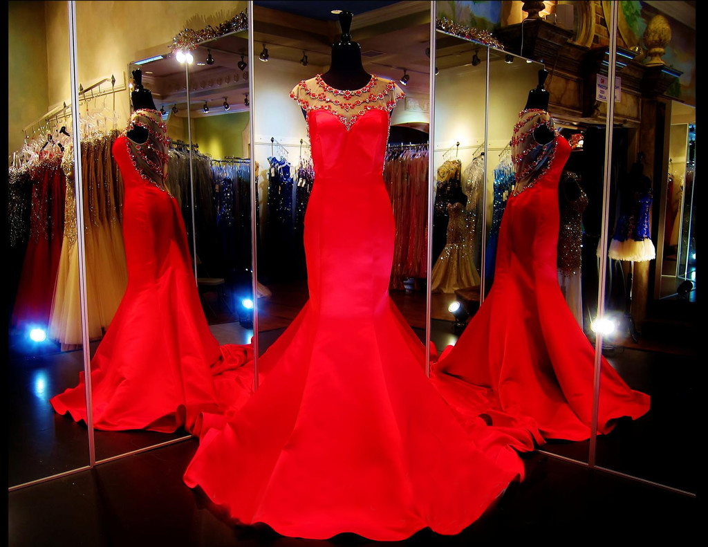 Custom Cap Sleeves Sheer Back Chifon Red Prom Dress, Long Prom Dress, Mermaid Prom Dress, Prom Dress 2017, Affordable Prom Dress, Junior Prom