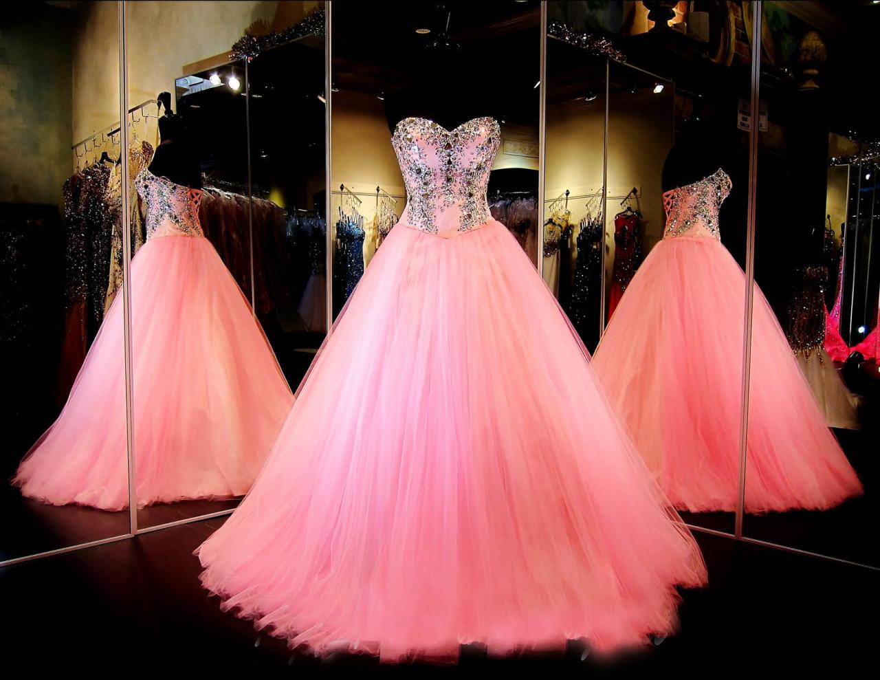 Custom Sweetheart Beaded Ball Gown Tulle Pink Prom Dresses, Long Prom Dress, Prom Dress, Prom Dress 2017, Affordable Prom Dress, Junior Prom