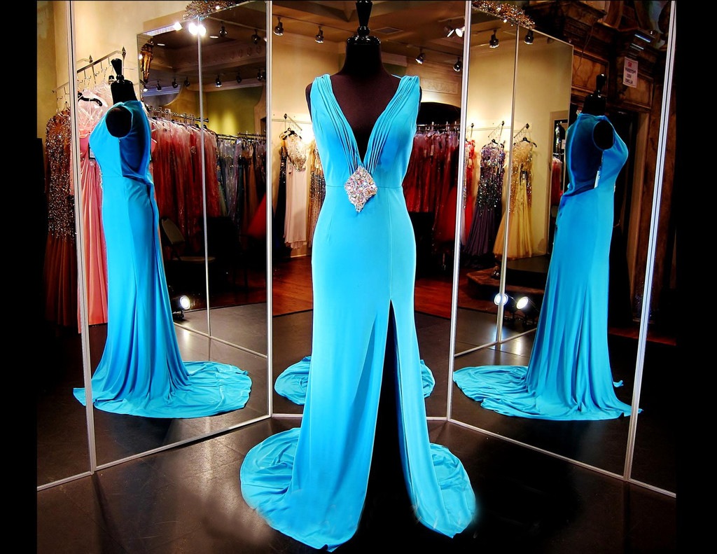 Custom V Neck Sheer Sexy Chiffon Light Blue Prom Dresses, Long Mermaid Prom Dresses, Dresses For Prom, Prom Dress 2017, Affordable Prom Dress,