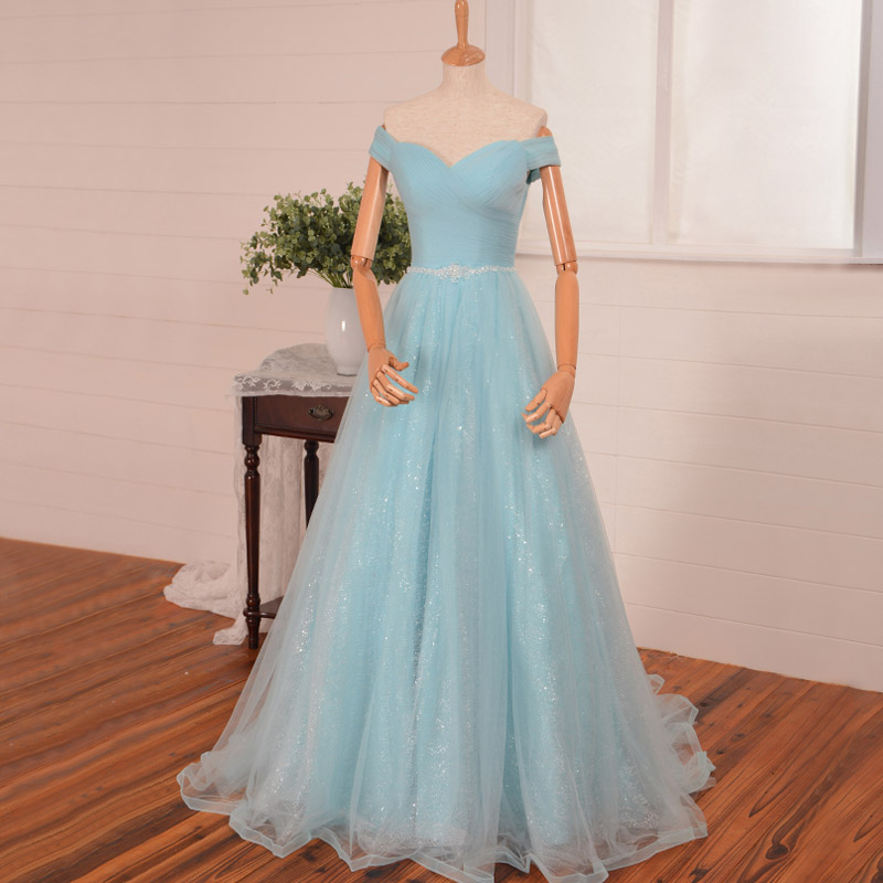 Custom A Line Sweetheart Off The Shoulder Tulle Long Light Blue Prom Dresses Gowns 2016 Evening Dresses, Formal Dress, Graduation Party Dress
