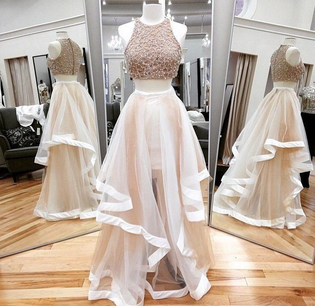 Custom Sexy Beaded Champagne 2 Two Pieces Prom Dresses, Prom Gowns, Dresses For Prom, Prom Dress 2016, Affordable Prom Dress, Junior Prom