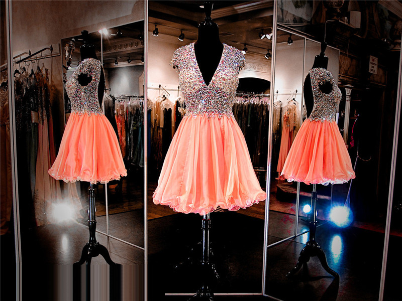 Coral Prom Dress,short Prom Dress,prom Dress With Deep V Neck,open Back Prom Dress, Sexy Prom Dress,sparkle Prom Dress,bling Bling Prom Dress,