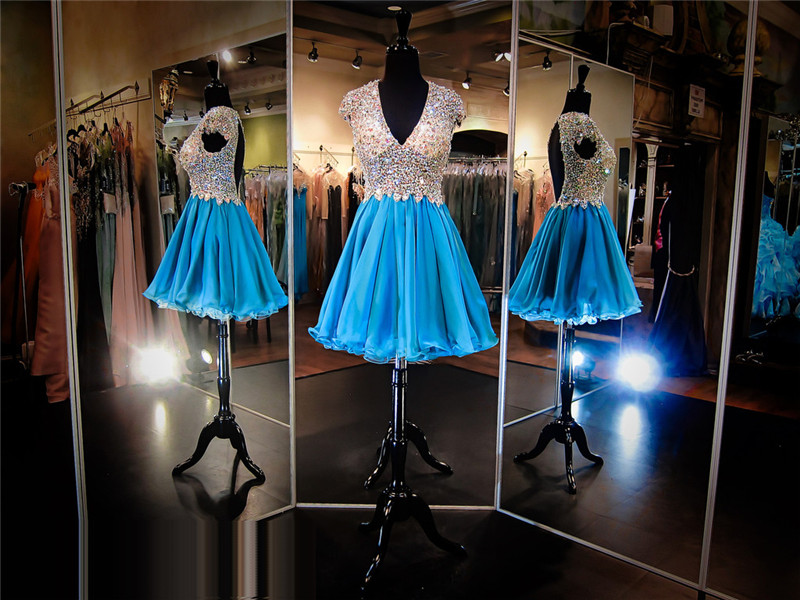 Blue Prom Dress,short Prom Dress,prom Dress With Deep V Neck,open Back Prom Dress, Sexy Prom Dress,sparkle Prom Dress,bling Bling Prom Dress,