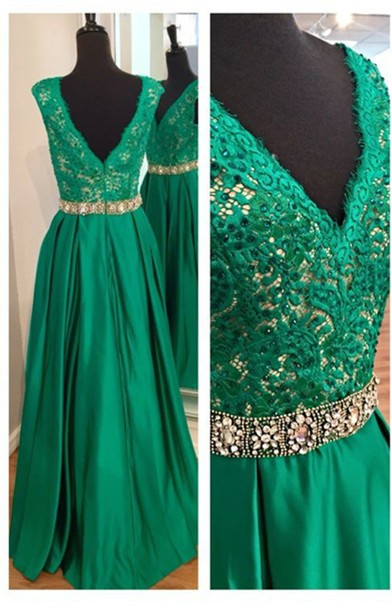 Sexy V Neckline Hunter Green Prom Dresses, Lace And Satin Prom Dress, A-line Prom Dress, Charming Prom Dresses, Long Woman Formal Gowns, Green