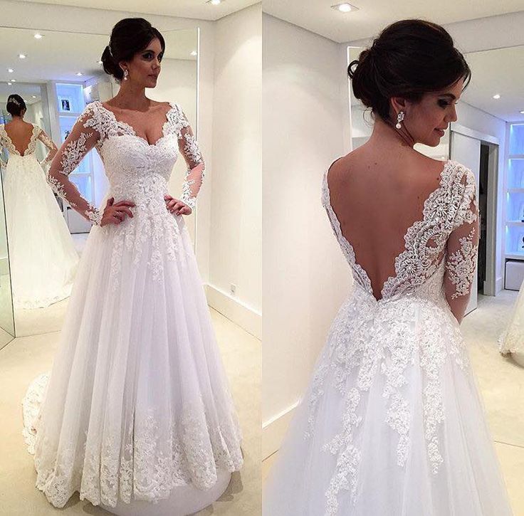 Open Back Floor Length Bridal Gowns Long Sleeves Lace Beach Wedding