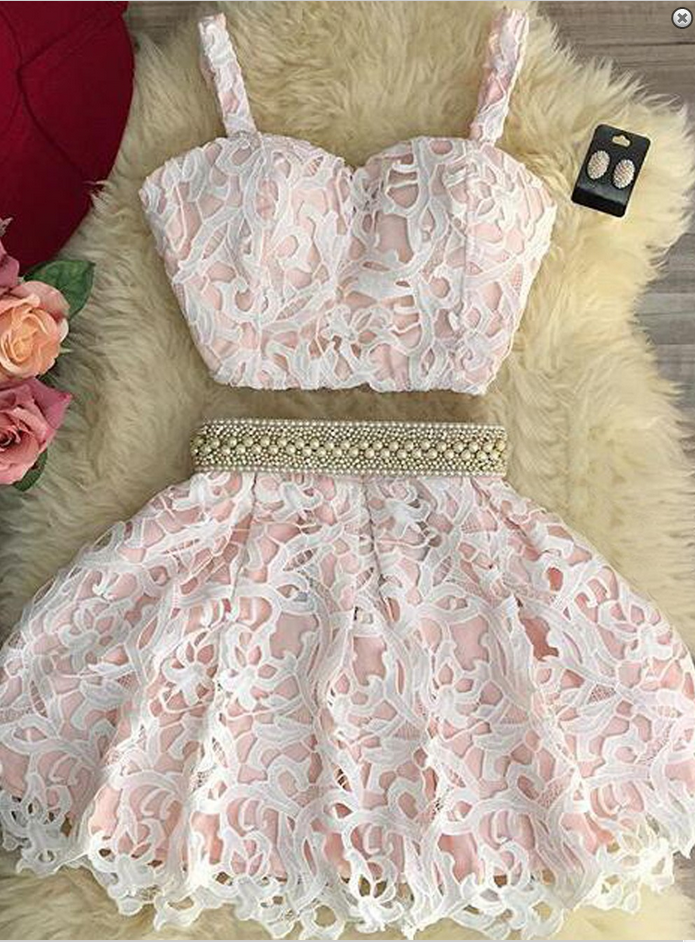 Sexy Two Piece Sweetheart Mini Pink Lace Homecoming Dress With Pearls Homecoming Dress Prom Dresses 2017