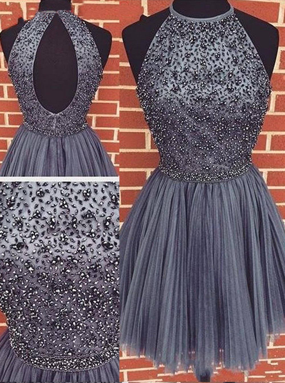 Short Grey Homecoming Dress 2017, Short Prom Homecoming Dresses, Sexy A-line Scoop Beaded Tulle Sleeveless Purple Backless Short Cocktail