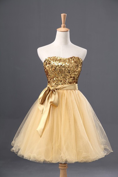Gold Sequins Tulle Homecoming Dress With Sweetheart Neckline And Satin Sash